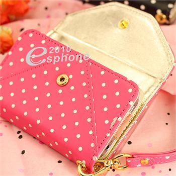 Pink White Dots Wallet Leather Case Card Flip Cover for iPhone 4 4S AT 