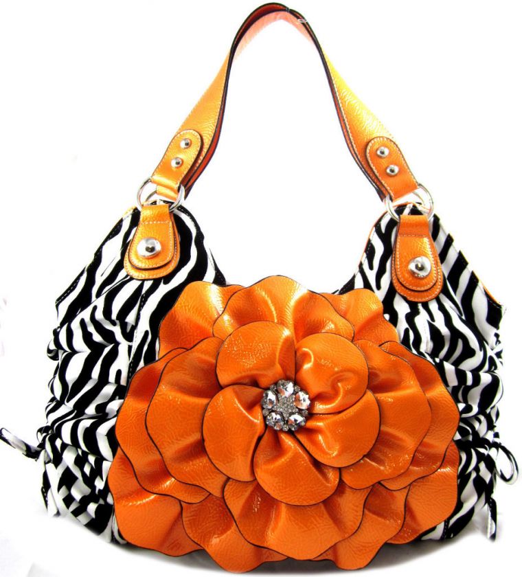 Zebra Rhinestone Flower Oversized Hobo Purse Bag Orange  