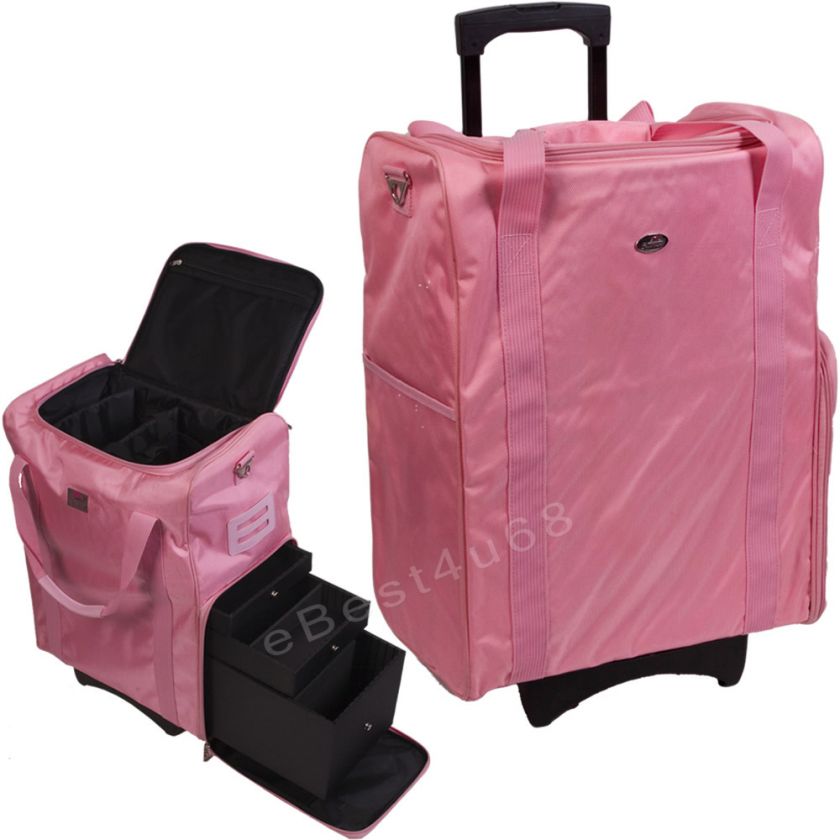 PINK ROLLING BEAUTY CASE WITH DRAWERS WITH DIVIDERS SOFT NYLON NR1 