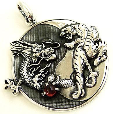 YIN YANG DRAGON TIGER COIN STERLING 925 SILVER PENDANT  