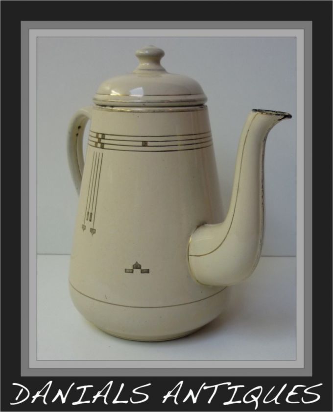 Antique Art Deco cream gold line enamel tea pot.1920s  