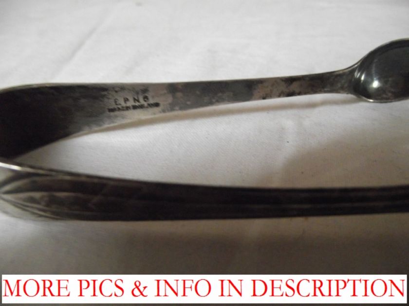 Pair of EPNS Sugar Tongs w Pattern on Each Arm. Made in England  