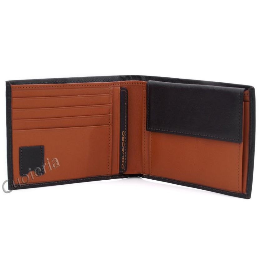PIQUADRO Men Wallet Coin Case Genuine Brown & Orange Leather PU257FW 